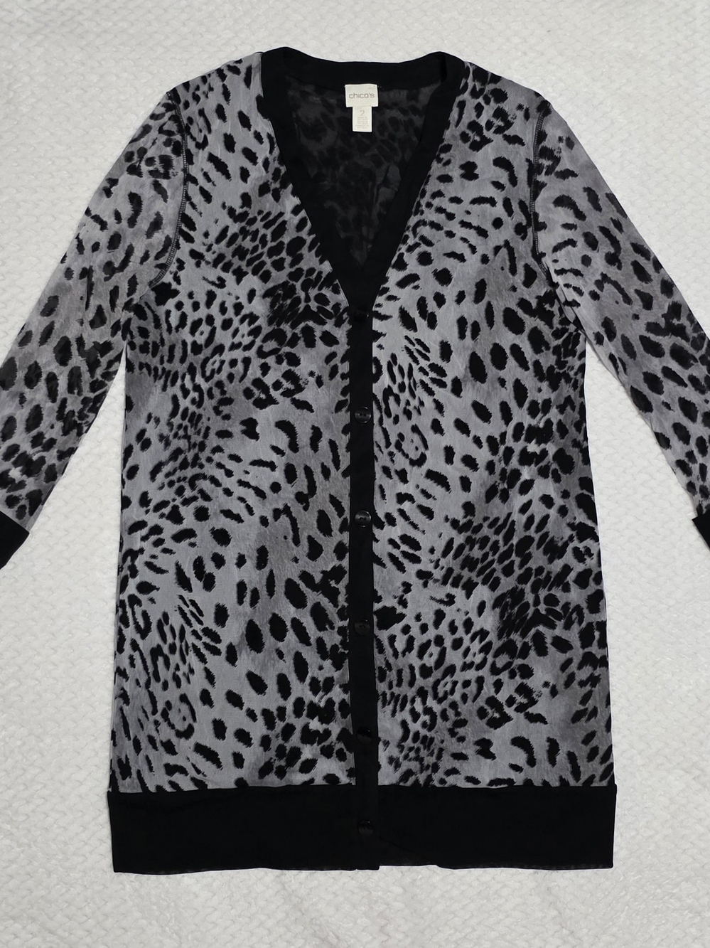 Chico's Black & Gray Leopard-Pattern Long Cardigan - Size 2